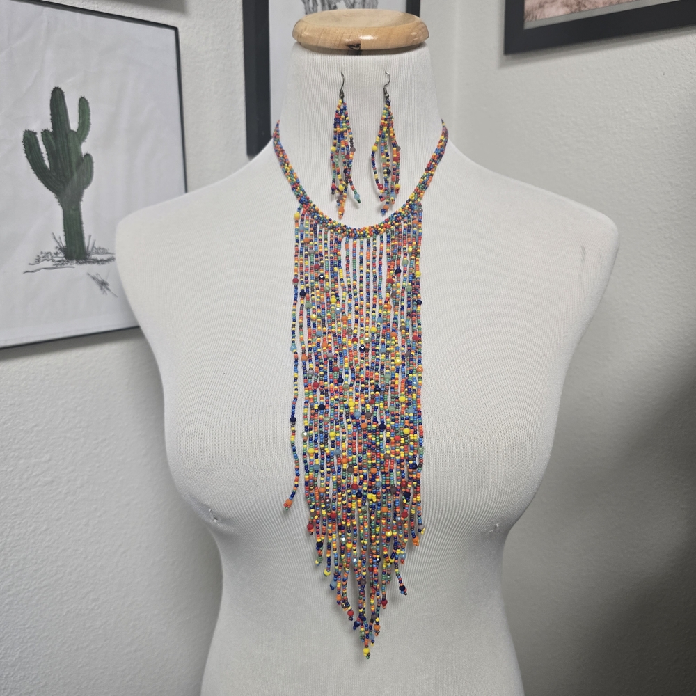 Colorful Beaded Fringe Necklace and Earring Set